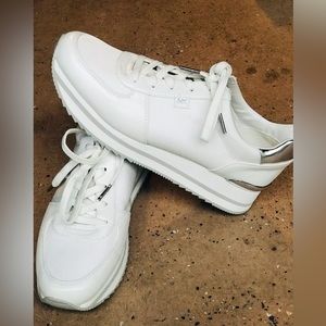 MICHAEL KORS MK White Sneakers w/ Silver Accents.